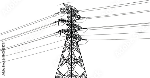 High voltage transmission tower vector illustration, power pylon silhouette, lattice framework, electrical grid infrastructure, energy distribution, utility lines, engineering concept