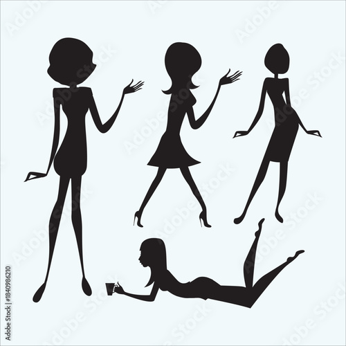 Elegant female fashion model poses. Standing, walking, and reclining women silhouettes. Stylish women figures