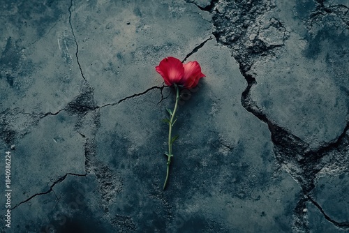 A single vibrant red rose, with a green stem, lies on a dark, textured concrete surface crisscrossed by deep cracks