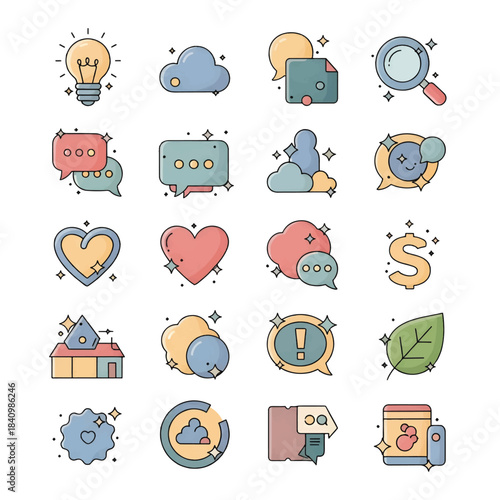 Wallpaper Mural Pastel hand-drawn communication and concept icons in a tidy five-by-five grid on white background... Torontodigital.ca