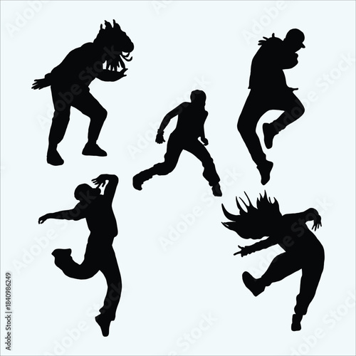 Dynamic male dancers silhouettes. Energetic hip-hop and street dance moves. Youthful dance performances