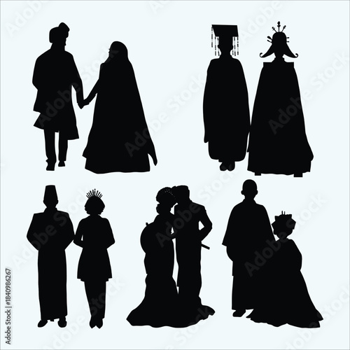 Diverse wedding and traditional couple silhouettes. Cultural attires and poses. Romantic couple figures.