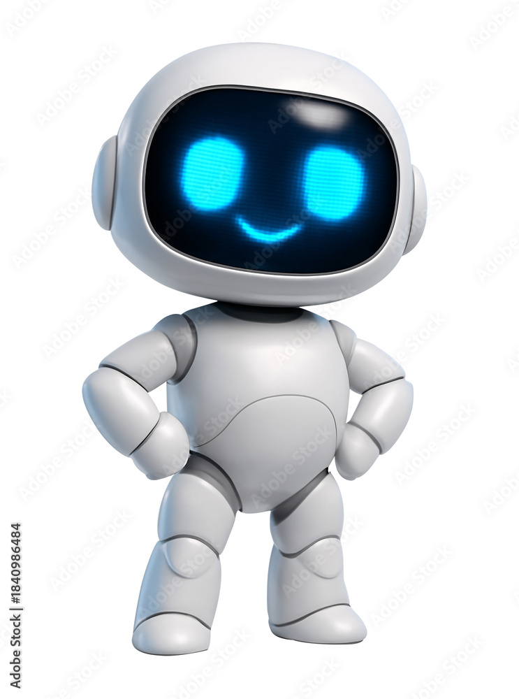 Fototapeta premium Cute 3D Robot Character Standing Confidently with Hands on Hips. AI Success, Leadership, and Hero Pose Concept Isolated on Transparent Background.
