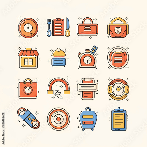 Playful hand-drawn icons of clocks, utensils, bags, shop, timers, documents and travel items grid!!