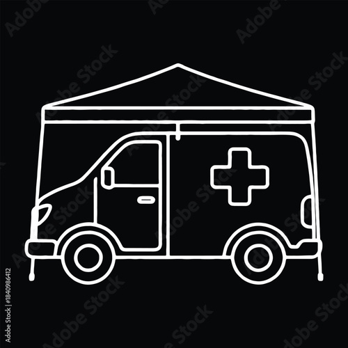 White outline ambulance van with medical cross under canopy on black background health