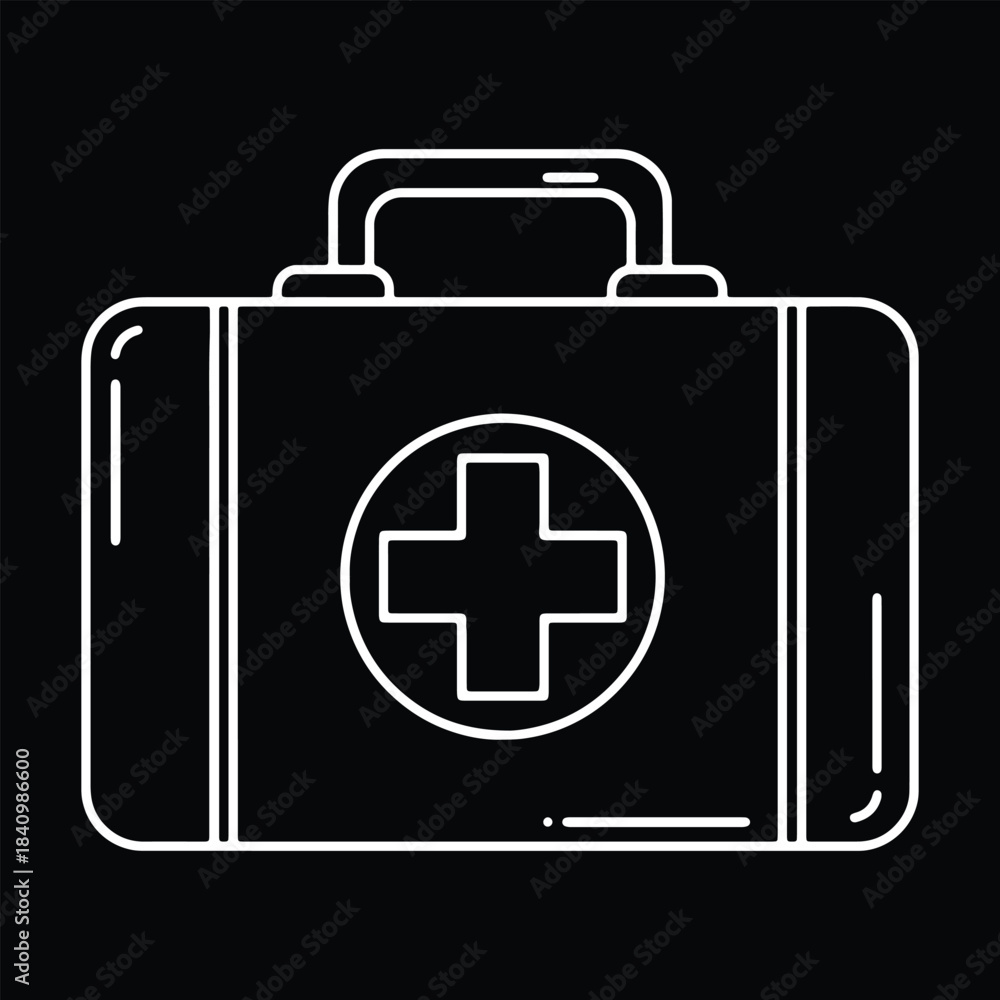 Obraz premium White outline first aid kit with red cross symbol on black background medical kit emergency kit
