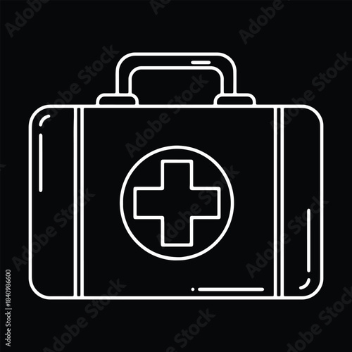 White outline first aid kit with red cross symbol on black background medical kit emergency kit