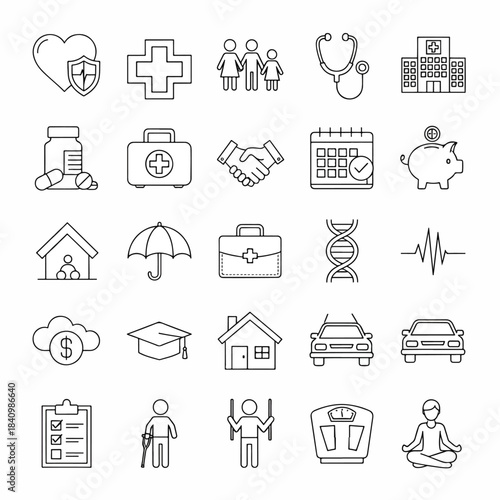Thirty minimal black line icons of health, wellness, finance, and lifestyle arranged in a clean grid
