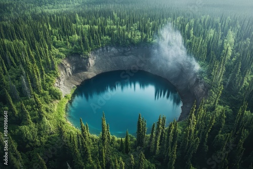An aerial view reveals a breathtaking deep blue crater lake, surrounded by a lush, dense evergreen forest