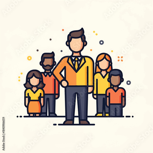 Stylized team illustration with confident leader front, diverse members standing united. in warm hue