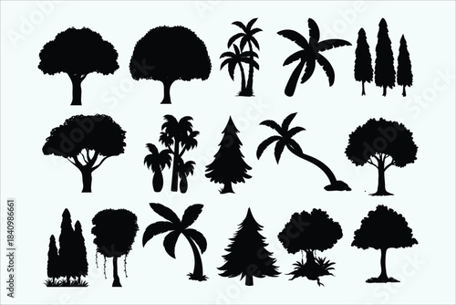 Collection of tree silhouettes, isolated black trees, various plant shapes, deciduous and palm, evergreen plants, different sizes, nature design elements