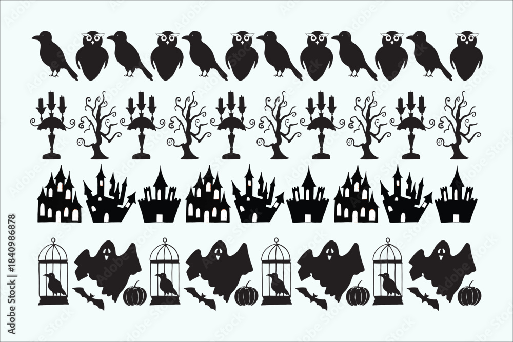 Naklejka premium Halloween spooky silhouettes, haunted houses, ghosts, ravens, bare trees, candelabras, vector design elements, creepy decor, festive objects