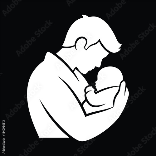White outline man holding baby on black background father infant