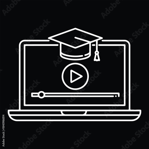White outline laptop with graduation cap and play button on black mortarboard video player