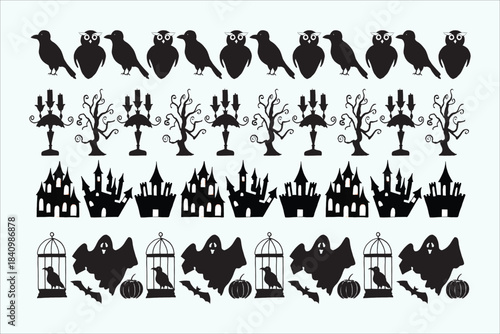 Halloween spooky silhouettes, haunted houses, ghosts, ravens, bare trees, candelabras, vector design elements, creepy decor, festive objects