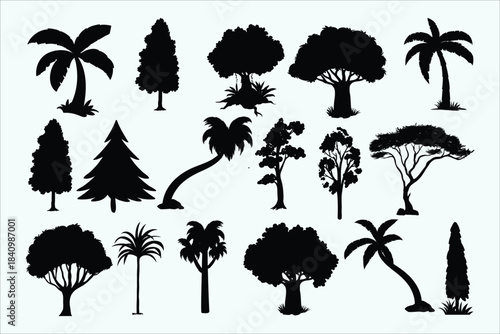 Assorted tree silhouettes, black vector outlines, evergreen trees, deciduous trees, palm species, nature illustrations, forest design elements