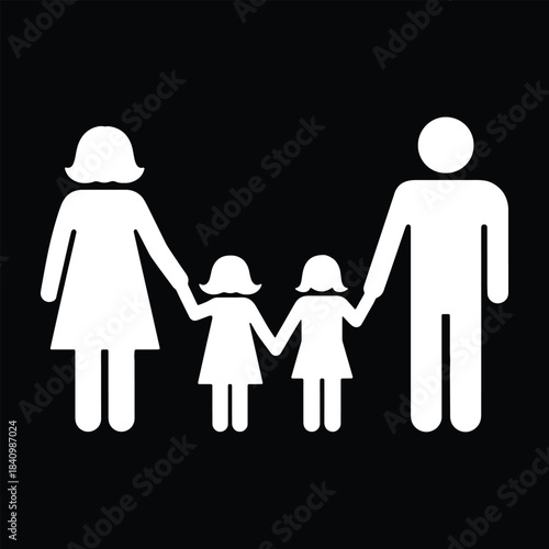 White silhouette of parents holding hands with two daughters on black background family