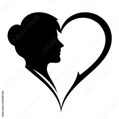 Silhouette of a woman profile seamlessly merged with a heart shape symbolizing love and femininity