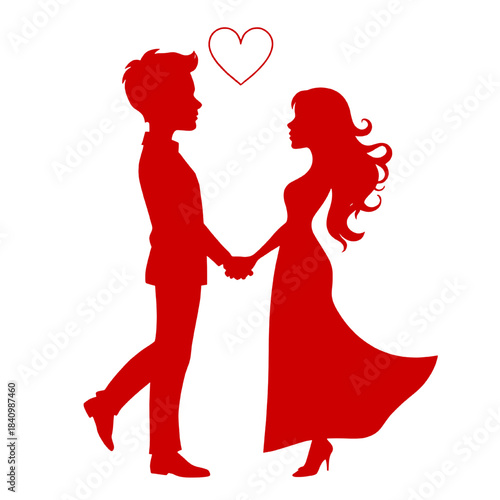 Red silhouette of a romantic couple holding hands with a heart symbol above them conveying love and affection