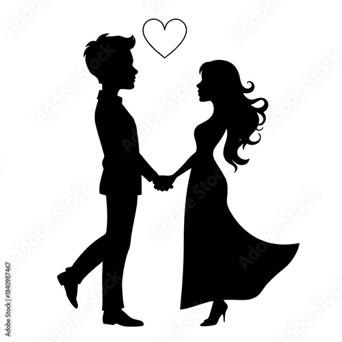 Silhouette of a romantic couple holding hands with a heart above them expressing love and connection
