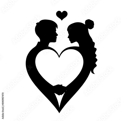 Silhouette of a romantic couple inside a heart shape with a small heart above them representing love and connection