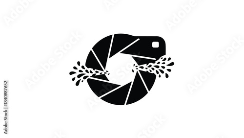 Creative camera lens aperture stylized as a playful reptile with water splashes