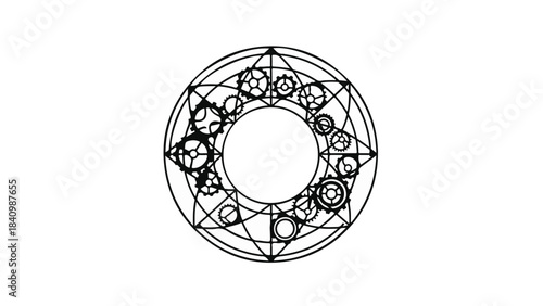 Intricate circular arcane symbol with gears and geometric patterns, representing magic and complex machinery.