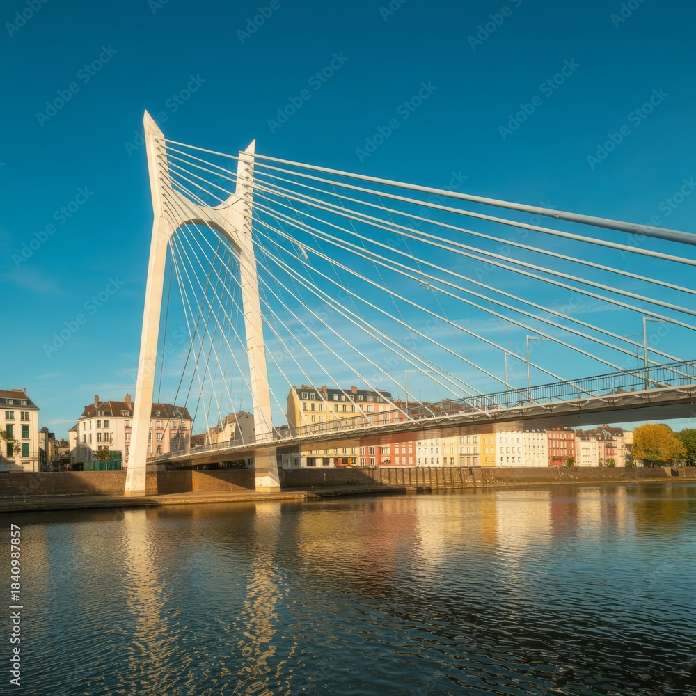 Fototapeta premium Wideangle view of a modern cablestayed bridge spanning a river, featuring a tall white tower with multiple cables supporting the deck, under a clear blue sky during daytime