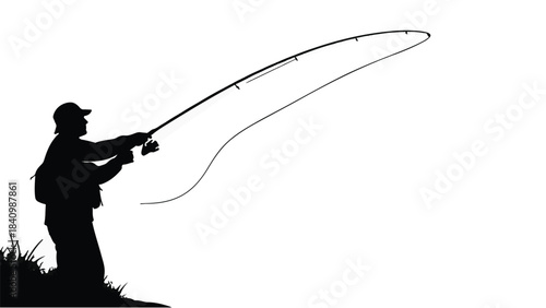 Silhouette of a person fishing with a rod on a bright day