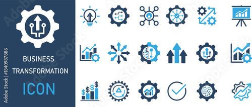 Business transformation icons set for company growth and development strategy