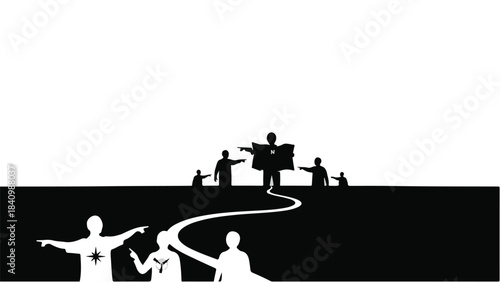 People follow a leader holding a map, navigating a path forward.