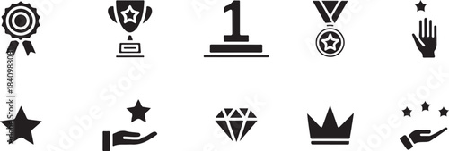Collection of various achievement and award icons in black on white background