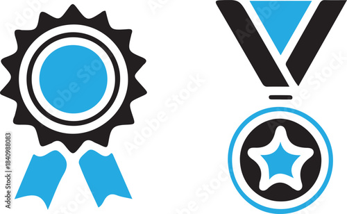 Vector illustration of award rosette and medal icons in blue and black