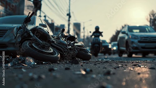 Debris-strewn aftermath of a motorcycle chash on a busy urban street with blurred traffic in the background.