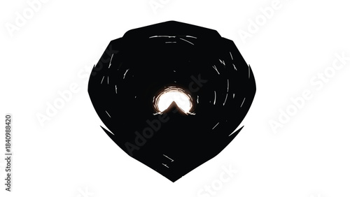 Abstract dark shape with glowing light at center, symbolizing hope or discovery