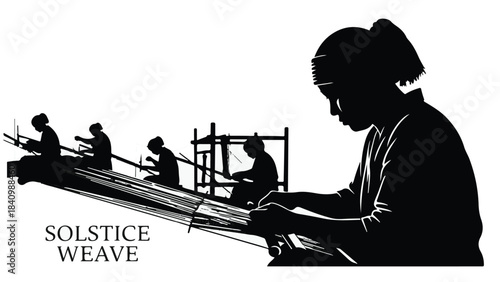 Silhouettes of women weaving fabric on looms, showcasing traditional craft and focused work.