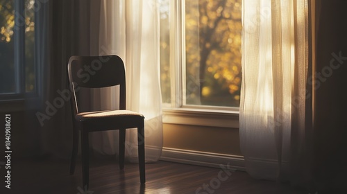 A single wooden chair in a dim room by a bright window with sheer curtains