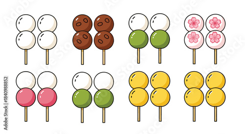 A delicious assortment of colorful Japanese dango, a traditional sweet rice dumpling snack, presented on skewers in various flavors.