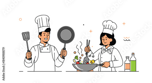 Male and female chefs in uniform work together at a kitchen counter, with the woman stir-frying vegetables and the man holding a pan.