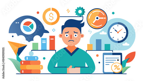 Stressed businessman overwhelmed by financial work and deadlines at office desk with clock and money icons