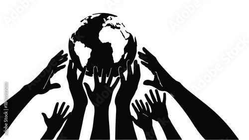Diverse hands reaching up to hold a silhouette of the Earth, symbolizing global unity and teamwork.
