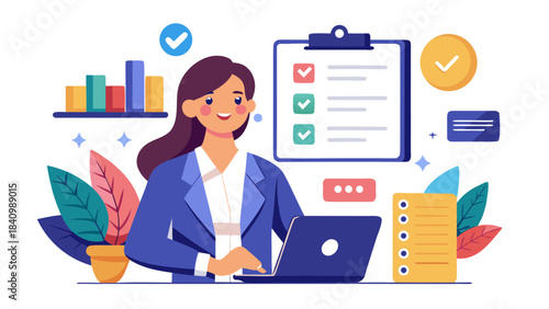 Professional businesswoman working on laptop with productivity checklist and financial icons in modern office