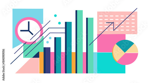 Flat lay business analytics dashboard with charts, clock, and pie graph on pastel background
