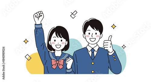 An energetic Japanese high school girl and boy in their uniforms are cheering enthusiastically, with one raising a fist and the other giving a thumbs up.