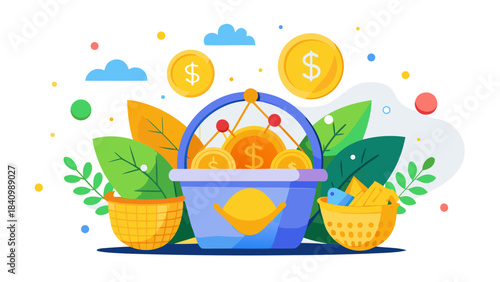 Colorful illustration of a bucket filled with gold coins and bills surrounded by leaves and floating dollar signs