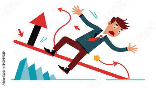 Businessman slipping on banana peel in office with falling documents and declining graph illustration