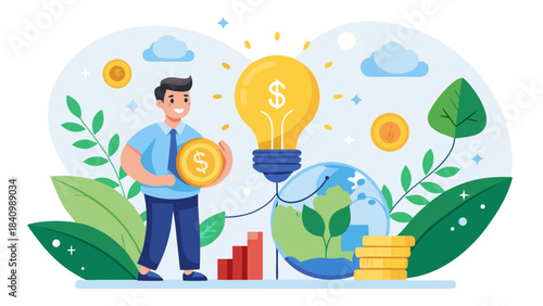 Business professional holding lightbulb with financial growth and eco-friendly investment concept illustration