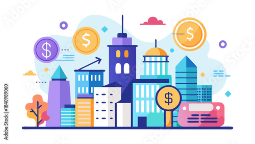 flat design illustration of urban real estate investment and financial growth with skyscrapers and money flow