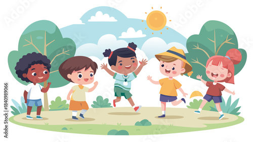 Diverse children playing outside in a park on a sunny day