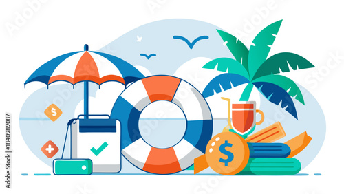 Summer vacation travel and finance concept with life preserver, money, passport, and tropical elements